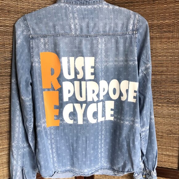 Upcycled Denim Environment Shirt, Size Medium: Reuse Repurpose Recycle Graphic - Picture 3 of 10